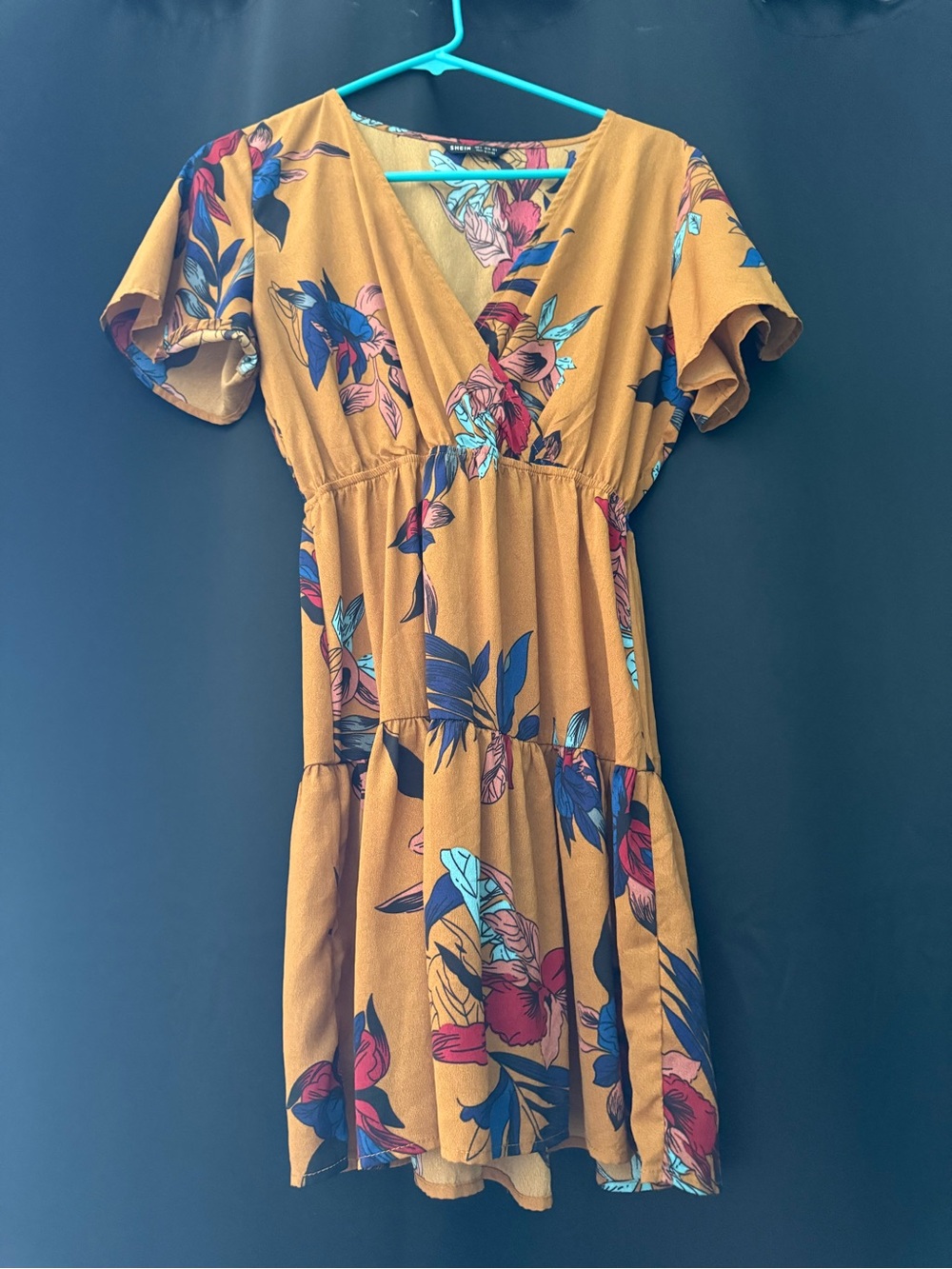 SHEIN Mustard Floral Tiered V-Neck Dress
